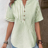 Women's Blouse - Lightweight Breathable Fabric - Striped - Mandarin Collar - Short Cuffed Sleeves