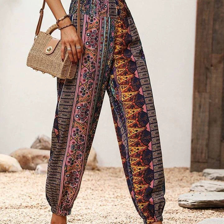 Women's Harem Trousers - Bohemian Elephant Print - Loose Fit - Elastic Waist & Cuffs
