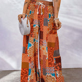 Women's Palazzo Trousers - High Waist - Wide Leg - Adjustable Drawstring - Boho Print