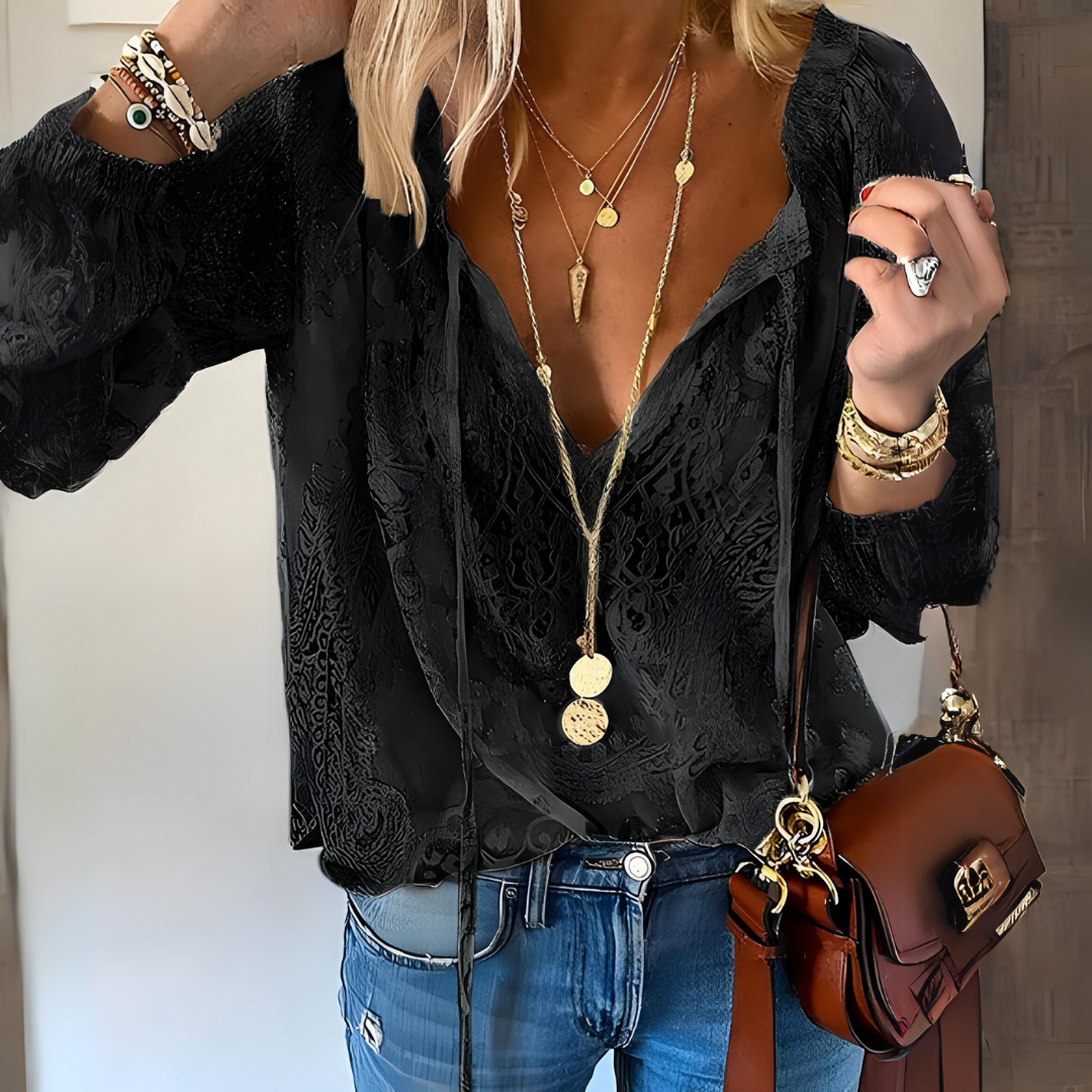 Women’s Boho Blouse – Crocheted Fabric – Relaxed Fit – Long Sleeve – Drawstring Neckline