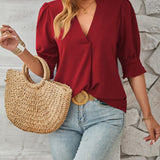 Women's Notched Neck Half Sleeve Blouse - Lightweight Casual Top