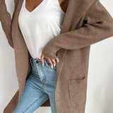 Women's ribbed open-front cardigan with hood and pockets
