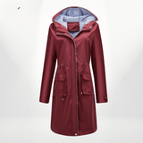 Women’s Trench Coat – Waterproof Over-Knee – Hooded – Adjustable Waist – Flap Pockets
