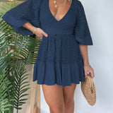 Women's Lace Romper - Deep V-Neck - Flared Sleeves - Fitted Waist - Tiered Hem