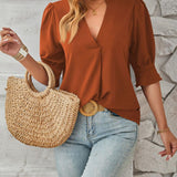 Women's Notched Neck Half Sleeve Blouse - Lightweight Casual Top