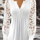 Women's Blouse - Long Lace Sleeves - Round Neck - Pintuck Detailing - Relaxed Fit