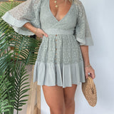 Women's Lace Romper - Deep V-Neck - Flared Sleeves - Fitted Waist - Tiered Hem