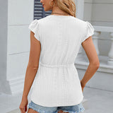 Women’s Blouse – Relaxed Fit – Eyelet Texture – Tie Waist – Notched Neck – Cap Sleeves