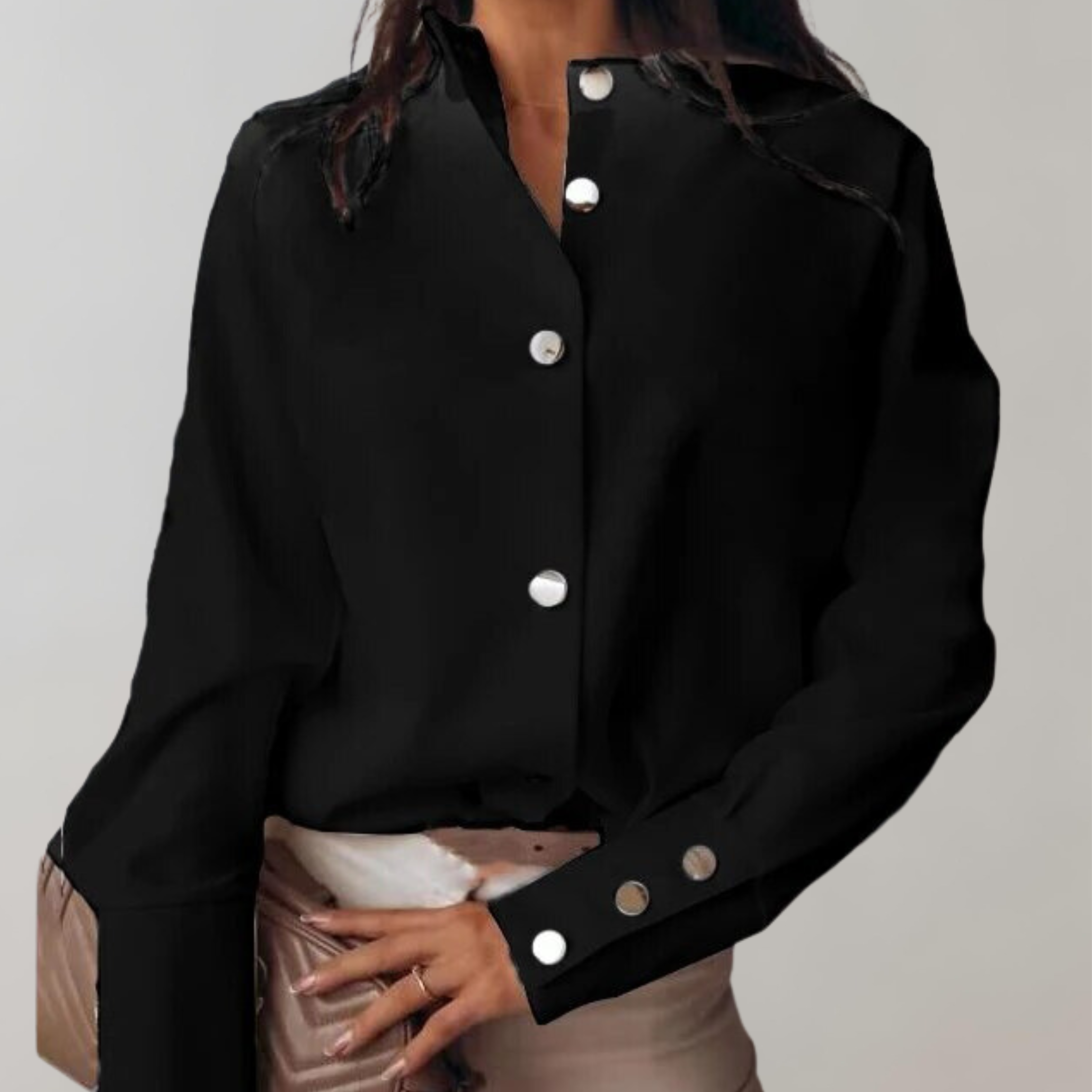 Women’s Blouse – Relaxed Fit – Stand Collar – Metallic Buttons – Breathable Blend – Full Sleeve