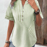 Women's Blouse - Lightweight Breathable Fabric - Striped - Mandarin Collar - Short Cuffed Sleeves