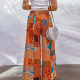 Women's Palazzo Trousers - High Waist - Wide Leg - Adjustable Drawstring - Boho Print