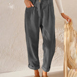Women's High-Waisted Trousers - Pleated Front - Relaxed Fit - Cuffed Hem Ribbed Fabric