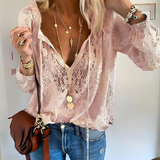Women’s Boho Blouse – Crocheted Fabric – Relaxed Fit – Long Sleeve – Drawstring Neckline