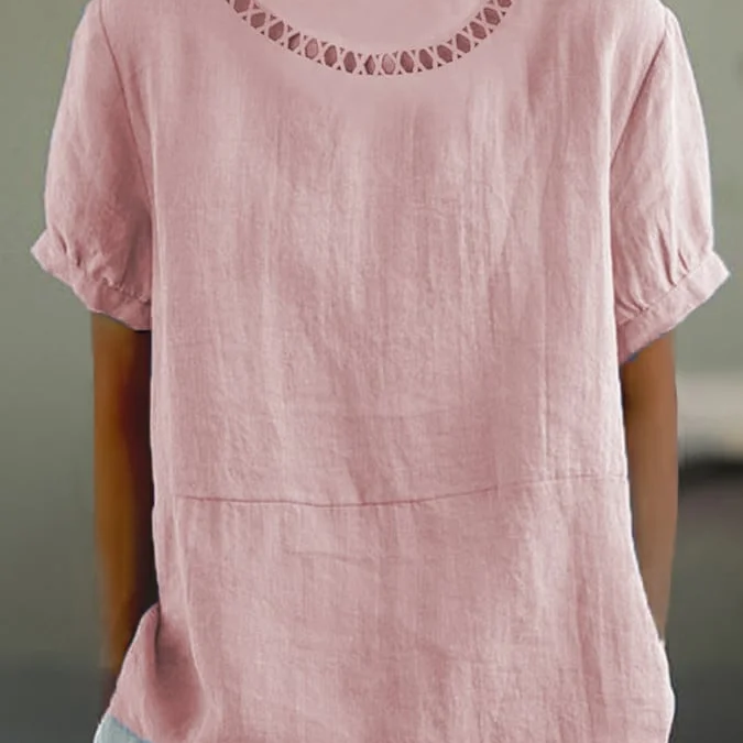 Women’s Blouse – Relaxed Fit – Short Sleeve Rolled Cuffs – Decorative Cutout Neckline – Breathable Blend