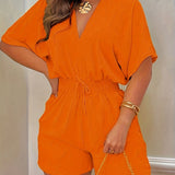 V-Neck Short Sleeve Romper - Shirred Waist Jumpsuit for Spring & Summer Women's Fashion