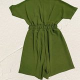V-Neck Short Sleeve Romper - Shirred Waist Jumpsuit for Spring & Summer Women's Fashion