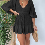 Women's Lace Romper - Deep V-Neck - Flared Sleeves - Fitted Waist - Tiered Hem