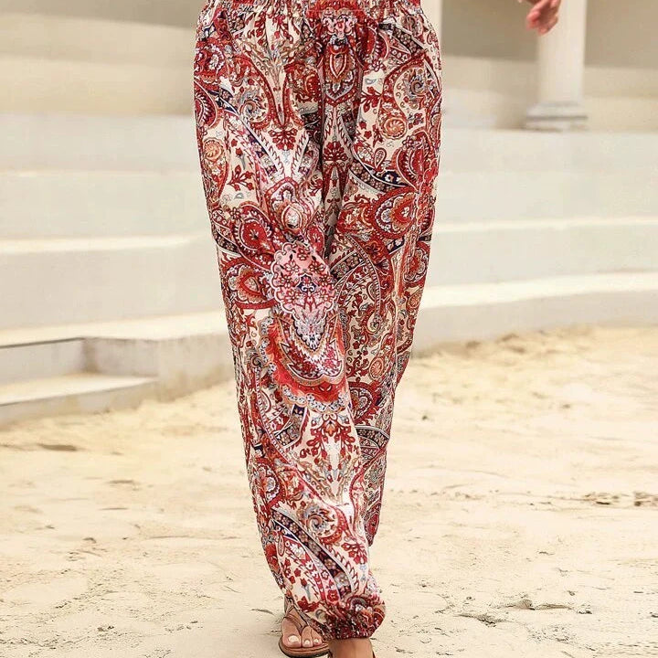 Women's Harem Trousers - Bohemian Elephant Print - Loose Fit - Elastic Waist & Cuffs