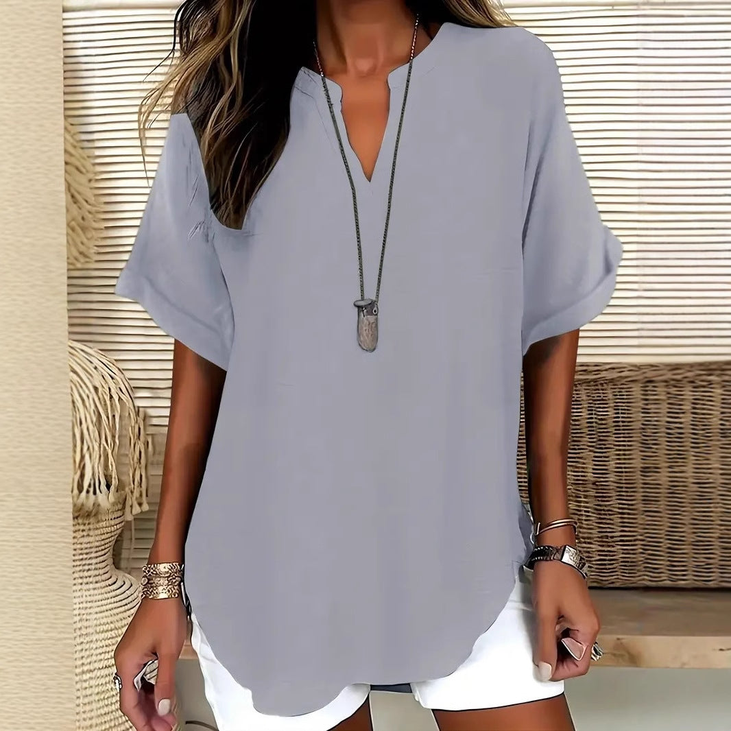 Women’s Blouse – Relaxed Fit – V-Neck – Short Sleeve – Natural Fibers – Hip Length