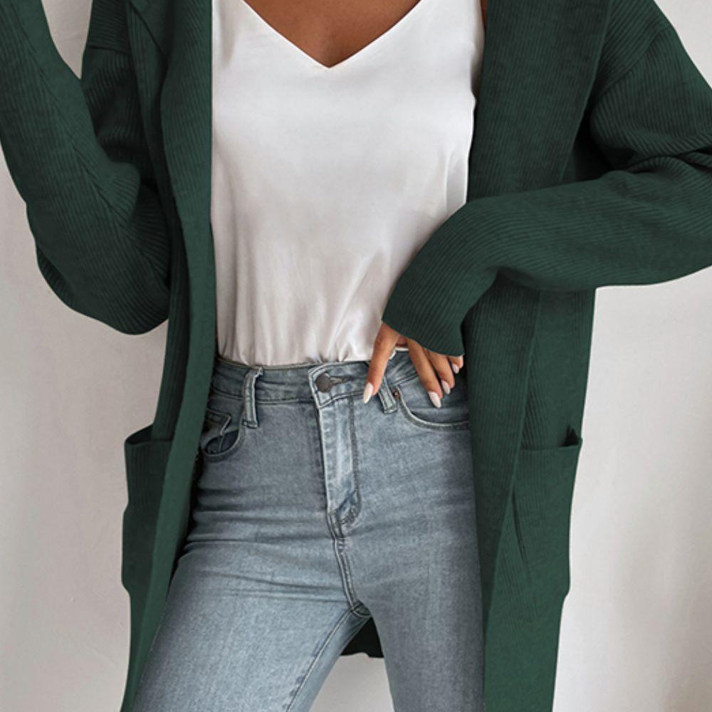 Women's ribbed open-front cardigan with hood and pockets