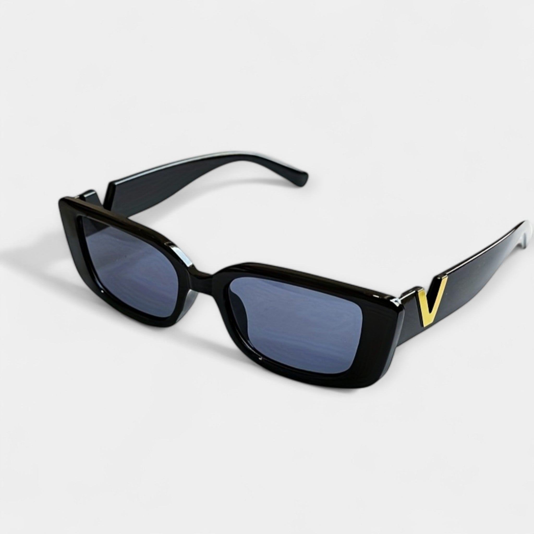 Retro Square Glasses Black Frame Gold V Detail Collection