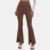 Women's High-Waisted Flare Trousers - Slim Fit - Stretch Fabric - Front Slit Hem