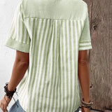 Women's Blouse - Lightweight Breathable Fabric - Striped - Mandarin Collar - Short Cuffed Sleeves