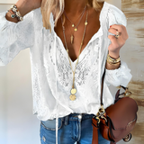Women’s Boho Blouse – Crocheted Fabric – Relaxed Fit – Long Sleeve – Drawstring Neckline