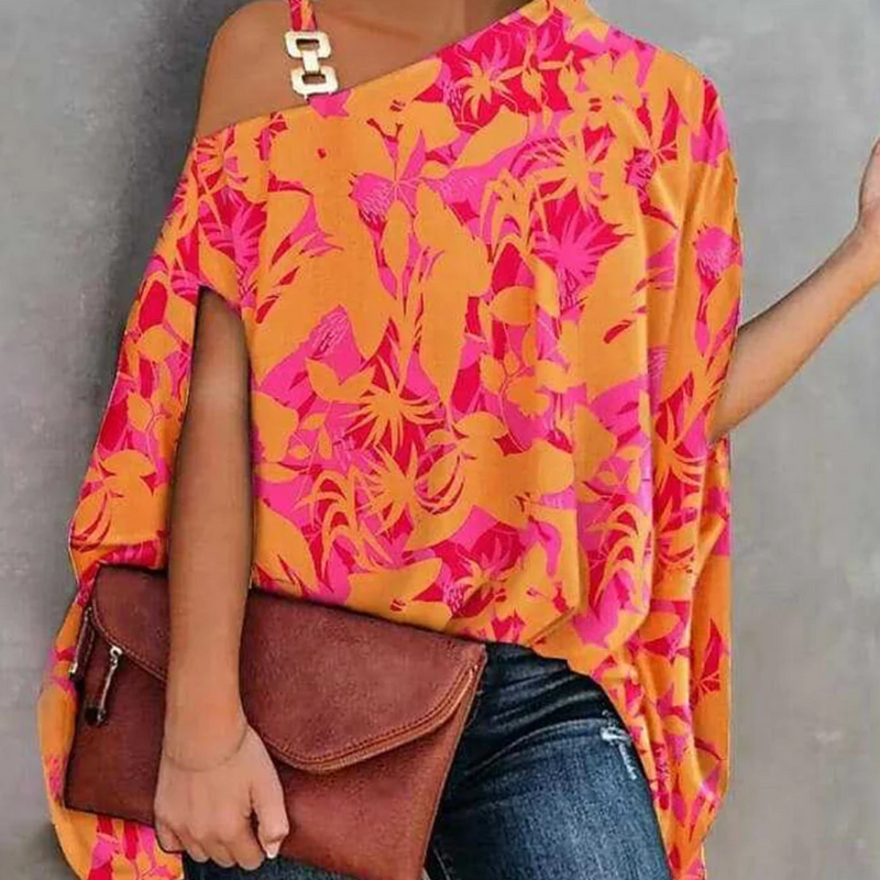 Women’s Off-Shoulder Top – Relaxed Fit – Asymmetric Neckline – Breathable Blend – Geometric Pattern