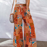 Women's Palazzo Trousers - High Waist - Wide Leg - Adjustable Drawstring - Boho Print