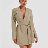 Women's Blazer Dress - Tailored Fit - Mini Length - V-Neck - Long Sleeve Elegant Wear