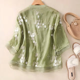Women’s Blouse – Breathable material – Relaxed Fit – Embroidered – Button-Down – 3/4 Sleeve