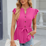 Women’s Blouse – Relaxed Fit – Eyelet Texture – Tie Waist – Notched Neck – Cap Sleeves