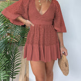 Women's Lace Romper - Deep V-Neck - Flared Sleeves - Fitted Waist - Tiered Hem