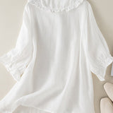 Women's cotton linen loose peter pan ruffles neck shirt