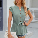 Women’s Blouse – Relaxed Fit – Eyelet Texture – Tie Waist – Notched Neck – Cap Sleeves