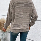 Women's Knitted Sweater - Ribbed Texture - Relaxed Fit - Wide Scoop Neck - Long Sleeves