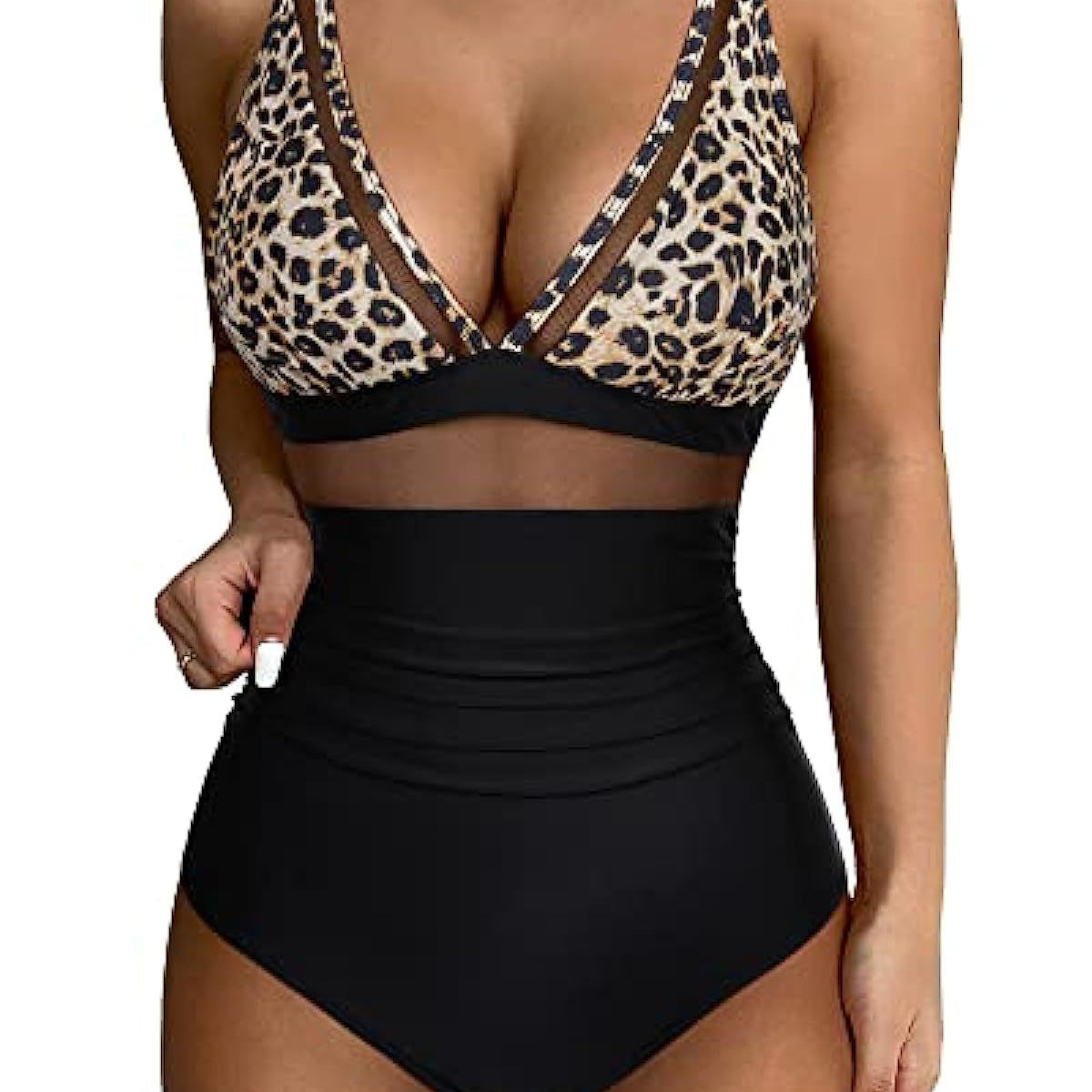Women’s Swimsuit – Fitted One-Piece – Plunging Neckline – Mesh Panels – High-Cut Leg