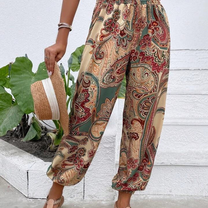 Women's Harem Trousers - Bohemian Elephant Print - Loose Fit - Elastic Waist & Cuffs