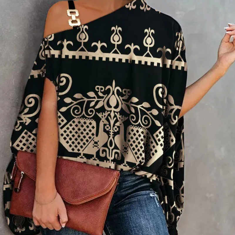Women’s Off-Shoulder Top – Relaxed Fit – Asymmetric Neckline – Breathable Blend – Geometric Pattern