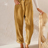 Women's High-Waisted Trousers - Pleated Front - Relaxed Fit - Cuffed Hem Ribbed Fabric