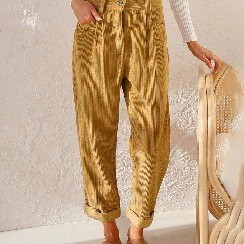 Women's High-Waisted Trousers - Pleated Front - Relaxed Fit - Cuffed Hem Ribbed Fabric