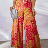 Women's Palazzo Trousers - High Waist - Wide Leg - Adjustable Drawstring - Boho Print