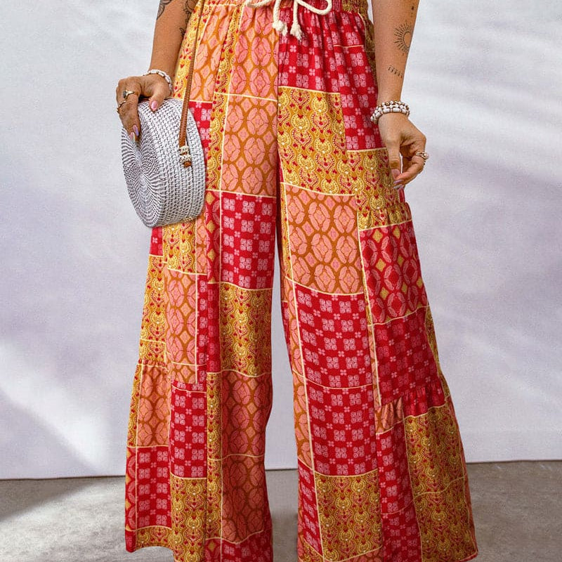 Women's Palazzo Trousers - High Waist - Wide Leg - Adjustable Drawstring - Boho Print