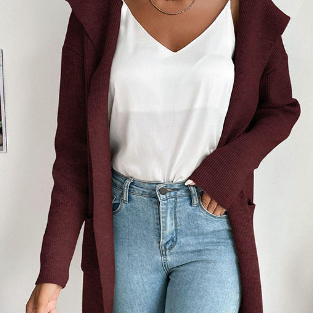 Women's ribbed open-front cardigan with hood and pockets