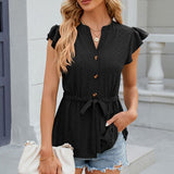 Women’s Blouse – Relaxed Fit – Eyelet Texture – Tie Waist – Notched Neck – Cap Sleeves