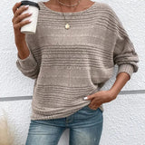 Women's Knitted Sweater - Ribbed Texture - Relaxed Fit - Wide Scoop Neck - Long Sleeves
