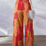 Women's Palazzo Trousers - High Waist - Wide Leg - Adjustable Drawstring - Boho Print