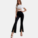 Women's High-Waisted Flare Trousers - Slim Fit - Stretch Fabric - Front Slit Hem