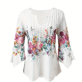 Women's Blouse - V-Neck Button Detail - Long Sleeve Flowy Floral Print